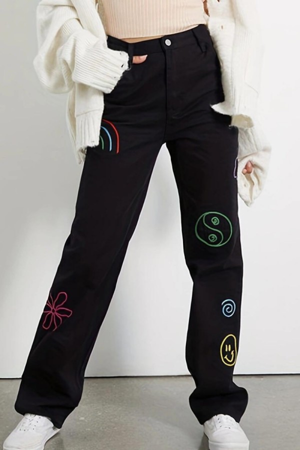 Zwarte casual geborduurde patchwork jeans met hoge taille en normale spijkerbroek
