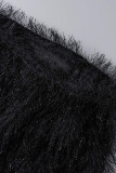 Col oblique en plumes de patchwork solide sexy noir sans manches deux pièces