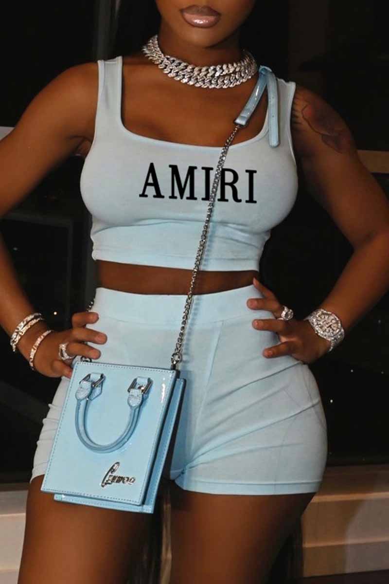 

Light Blue Street Print Letter U Neck Sleeveless Two Pieces