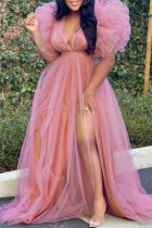 Розовые модные однотонные платья больших размеров с разрезом и V-образным вырезом