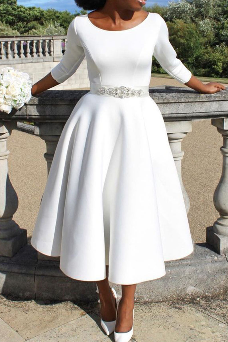 

White Elegant Solid Patchwork O Neck Evening Dress Dresses(Without Belt)