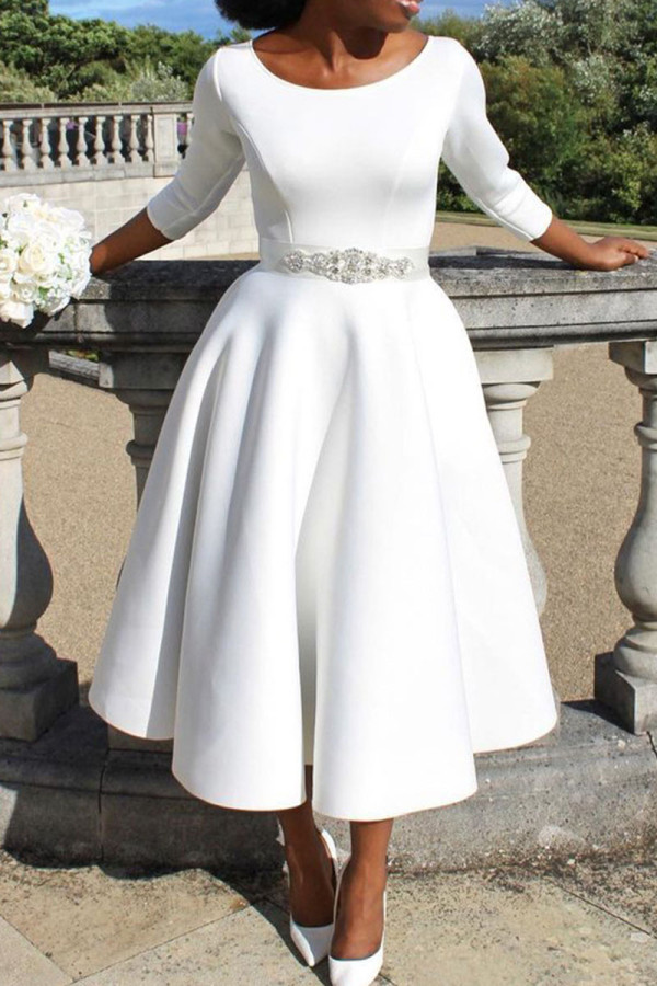 Weißes, elegantes, solides Patchwork mit O-Ausschnitt, Abendkleid, Kleider (ohne Gürtel)