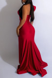 赤のエレガントな固体パッチワーク ジッパーの襟のイブニング ドレスのドレス