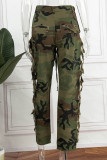 Camouflag Gray Casual Street Camouflage Print Tassel Patchwork Straight High Waist Straight Full Print Bottoms