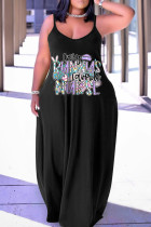 Robes de robe longue à bretelles spaghetti imprimées noir violet sexy