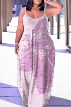 Light Purple Sexy Casual Rainbow Print Backless Spaghetti Strap Long Maxi Cami Loose Dress