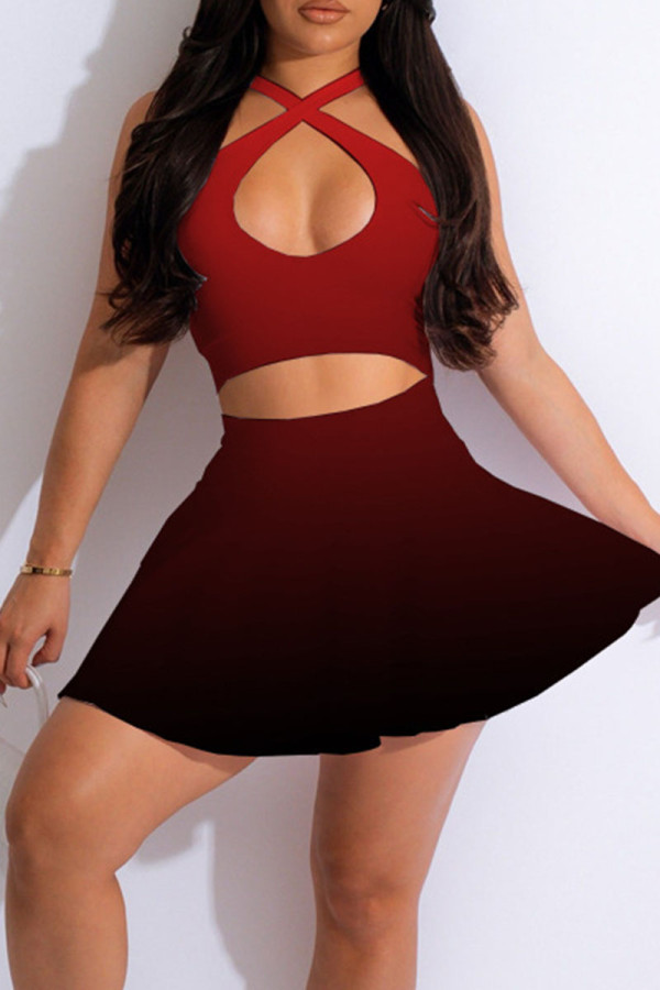 Rode sexy sportkleding met geleidelijke verandering print uitgeholde patchwork mouwloze twee stukken