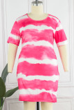 Rose Red Casual Print Tie-dye O Neck Short Sleeve Dress Plus Size Dresses