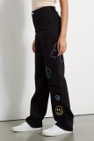 Zwarte casual geborduurde patchwork jeans met hoge taille en normale spijkerbroek