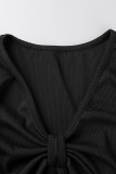 Robes de jupe crayon noir sexy solide évidé patchwork volant col en V