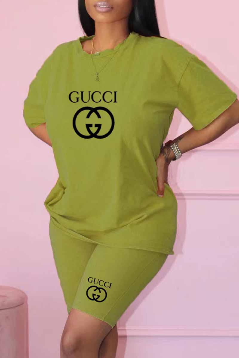 

Green Casual Print Letter O Neck Short Sleeve Two Pieces