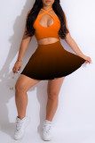 Orange Sexy Sportswear Allmählicher Wechseldruck Ausgehöhltes Patchwork Ärmellose Zweiteiler