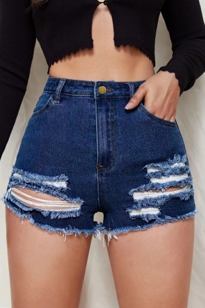 Deep Blue Casual Solid High Waist Regular Raw Hem Ripped Denim Shorts
