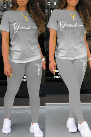 Grey Casual Letter Print Basic O Neck Short Sleeve Two Pieces
