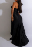 Black Elegant Solid Patchwork Zipper Collar Evening Dress Dresses