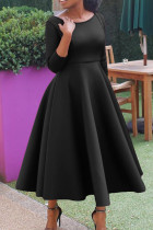 Svarta Elegant Solid Patchwork O-hals aftonklänningsklänningar (utan skärp)