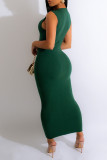 グリーン セクシー ソリッド パッチワーク O ネック ペンシル スカート ドレス