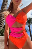 Oranje sexy effen uitgehold patchwork backless contrast badkleding (met vulling)