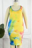 Gele sexy casual print tie-dye U-hals vestjurk Grote maten jurken
