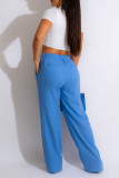 Blaue, lässige, solide Patchwork-Hosen mit hoher Taille, gerade, einfarbig