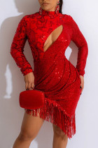 Vestido de noite assimétrico vermelho sexy com borla vazada lantejoulas patchwork