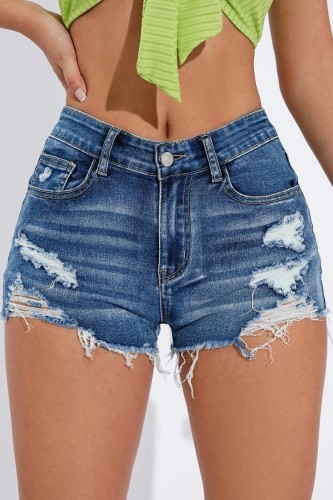 Blue Casual Solid High Waist Regular Distressed Hot Pant Ripped Denim Shorts