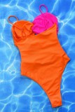 Oranje sexy effen uitgehold patchwork backless contrast badkleding (met vulling)