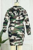Camouflage Casual Print Patchwork V Neck Long Sleeve Plus Size Dresses
