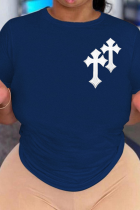 T-shirt con scollo a O patchwork con stampa di strada casual blu navy
