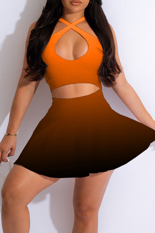 Orange Sexy Sportswear Allmählicher Wechseldruck Ausgehöhltes Patchwork Ärmellose Zweiteiler
