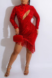 Красное сексуальное однотонное вечернее платье с кисточками и блестками, лоскутное, асимметричное, вечернее платье, платья