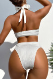 Vita sexiga solida bandage urholkade rygglösa badkläder (med vadderingar)