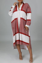 Brick Red Casual Geometric Patchwork Turndown Collar Shirt Dress (Without Belt)