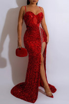 Красное сексуальное вечернее платье с блестками и блестками в стиле пэчворк с разрезом и бретельками