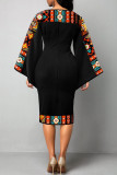 Orange Black Casual Elegant Print Patchwork O Neck One Step Skirt Dresses