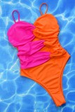 Orange Sexy Solid Hollowed Out Patchwork Backless Contrast Swimwears (With Paddings)