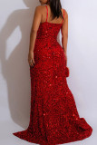 Красное сексуальное вечернее платье с блестками и блестками в стиле пэчворк с разрезом и бретельками