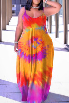Tangerine Red Sexy Casual Rainbow Print Backless Spaghetti Strap Long Maxi Cami Loose Dress