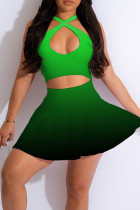 Groene sexy sportkleding geleidelijk veranderende print uitgeholde patchwork mouwloze twee stukken