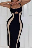 Black Sexy Patchwork Hollowed Out Backless Contrast Spaghetti Strap Sleeveless Dress Dresses