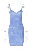 Robes de robe sans manches à bretelles spaghetti imprimées bleues sexy