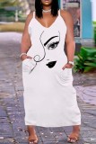 ホワイト セクシー カジュアル プリント バックレス スパゲッティ ストラップ ロング ドレス プラス サイズ ドレス