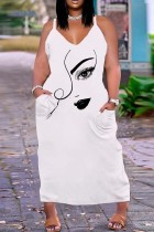 ホワイト ブラック セクシー カジュアル プリント バックレス スパゲッティ ストラップ ロング ドレス プラス サイズ ドレス