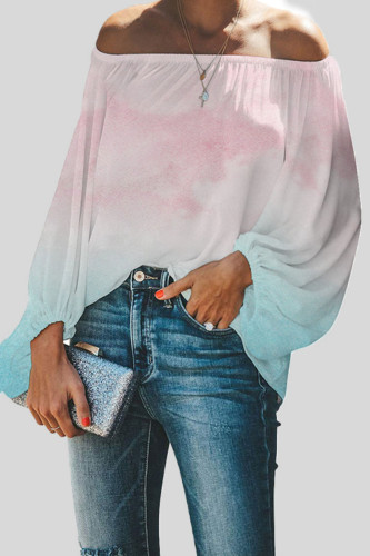 Light Pink Casual Gradual Change Print Patchwork Off the Shoulder Tops
