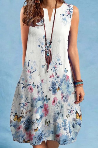 Light Blue Casual Print Basic V Neck Sleeveless Dress Dresses