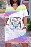 Vestidos retos multicoloridos casuais com estampa de rua patchwork decote em v