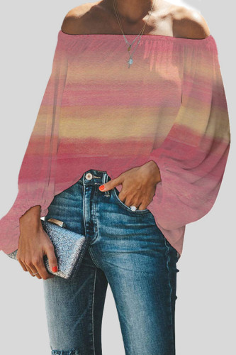 Pink Casual Gradual Change Print Patchwork Off the Shoulder Tops