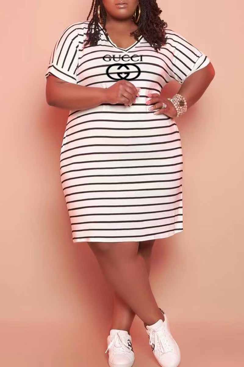 

White Casual Striped Print Letter V Neck Straight Plus Size Dresses