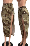 Khakifarbener, sexy Camouflage-Print mit hoher Öffnung und hoher Taille, Bleistift-Volldruckunterteil