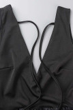 Noir Sexy Élégant Solide Bandage Patchwork Plumes V Cou Une Étape Jupe Robes